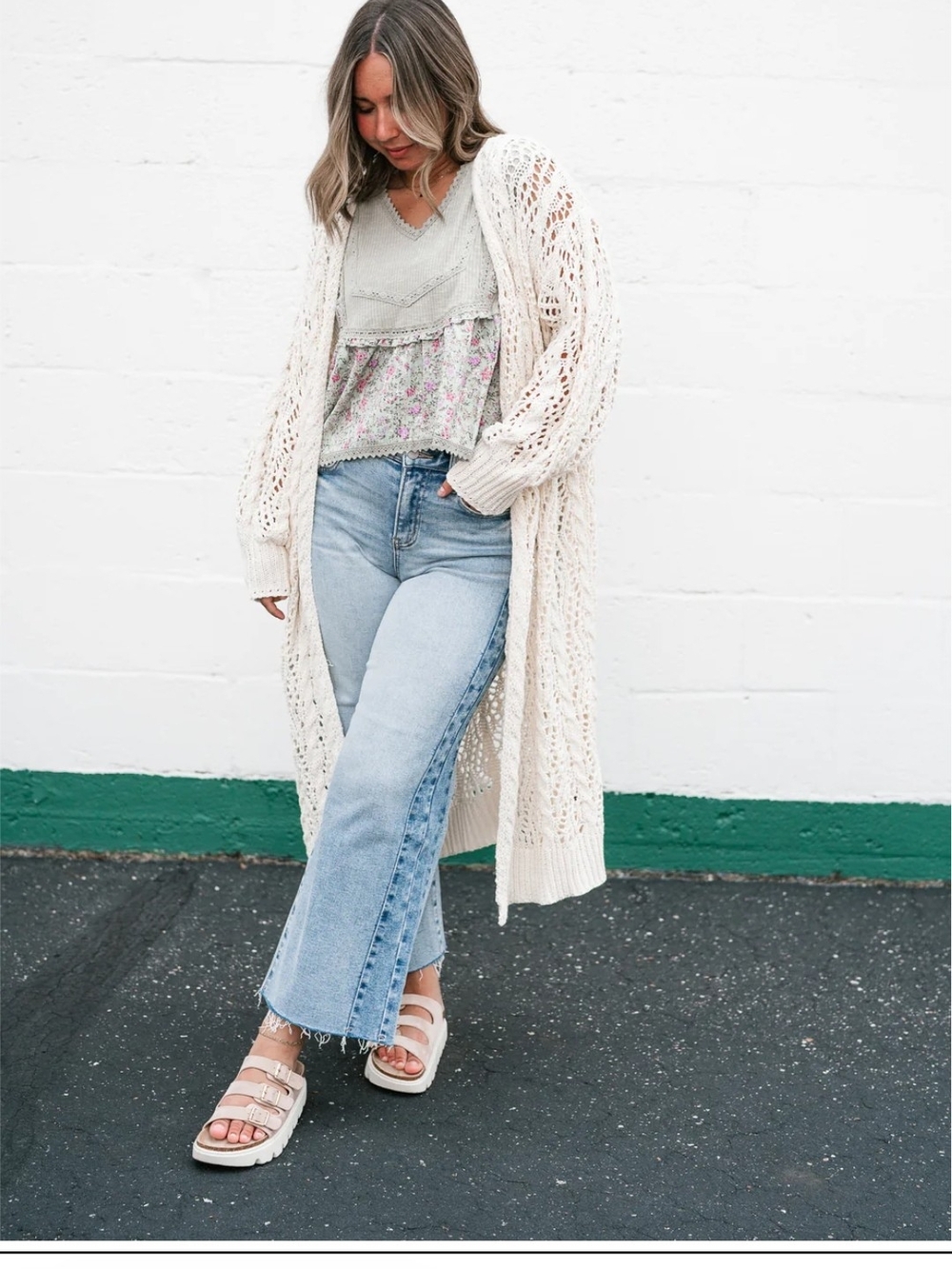 POL Cream Open-Knit Long Cardigan